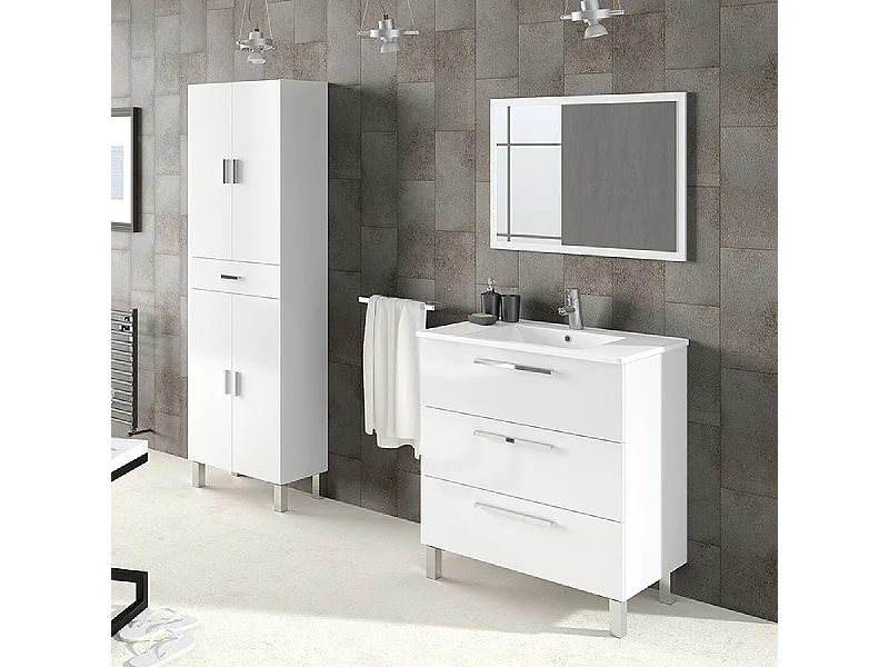 Mobile bagno 80 cm a terra con colonna lavabo ceramica 3 cassetti bianco lucido 305423BO 305280BO