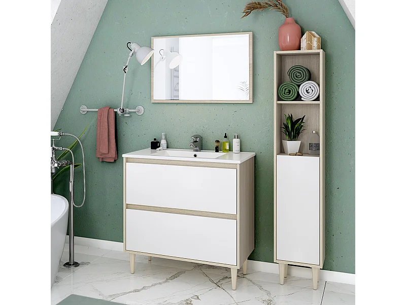 Mobile Bagno 80 cm A TERRA con lavabo in ceramica e specchio e colonna con cassetti ROVERE Verona 305086R 305088R
