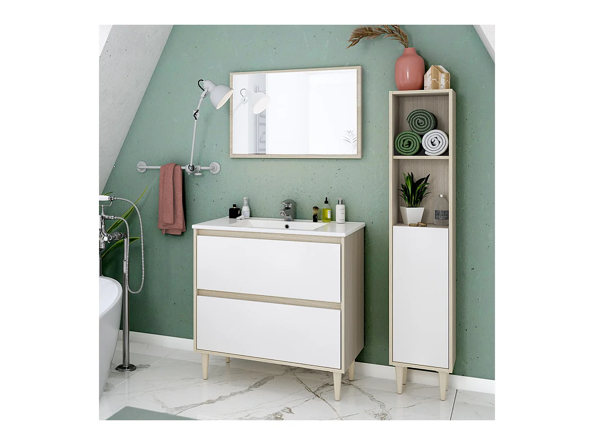 Mobile Bagno 80 cm A TERRA con lavabo in ceramica e specchio e colonna con cassetti ROVERE Verona 305086R 305088R