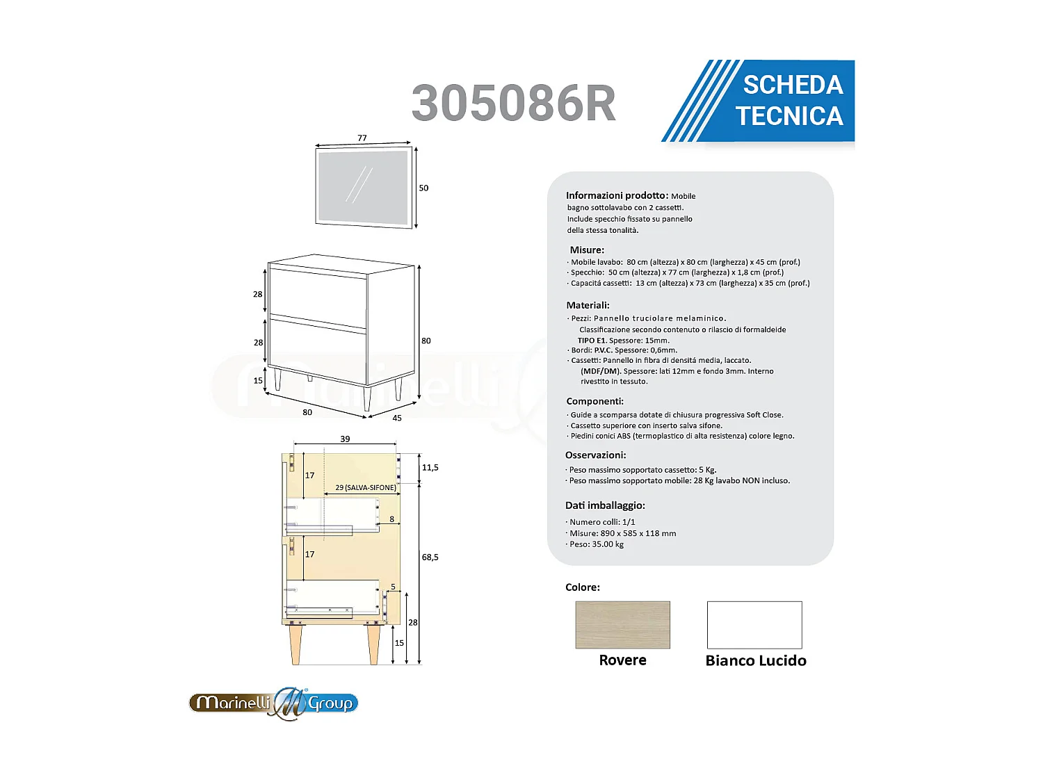 Mobile Bagno 80 cm A TERRA con lavabo in ceramica e specchio e colonna con cassetti ROVERE Verona 305086R 305088R