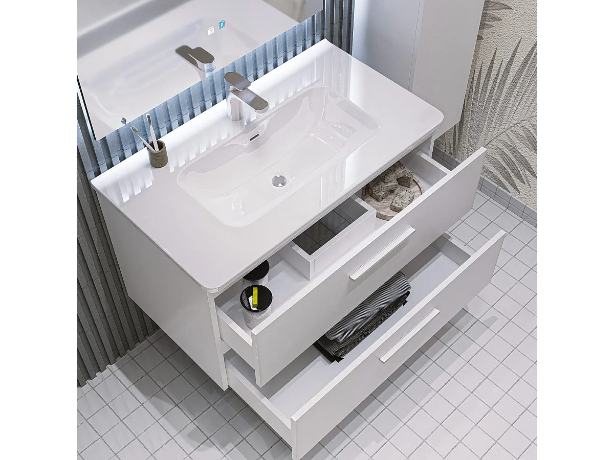 Mobile bagno sospeso da 60 cm Bianco con lavabo in ceramica - Linda