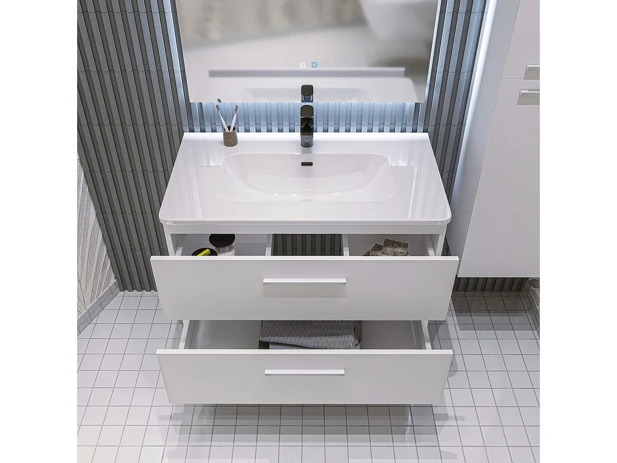 Mobile bagno sospeso da 60 cm Bianco con lavabo in ceramica - Linda