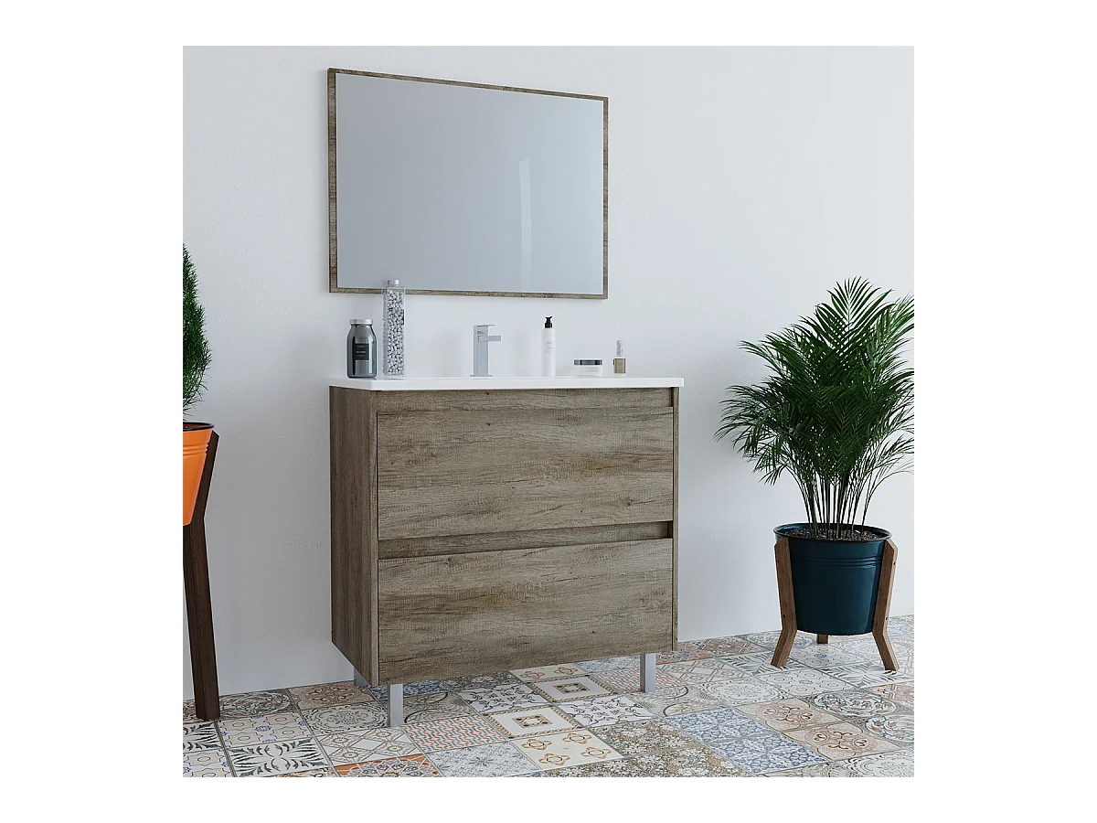 Mobile Bagno Moderno Da 80 Cm Con Lavabo in ceramica e Specchio - 305040h