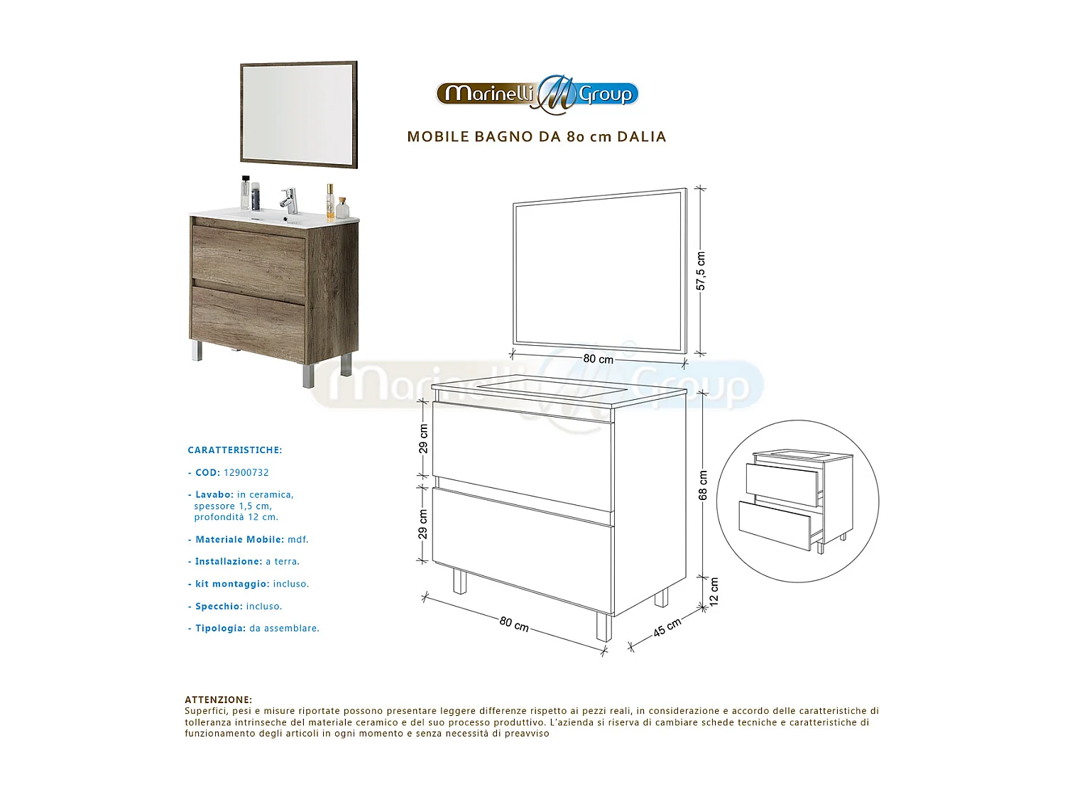 Mobile Bagno Moderno Da 80 Cm Con Lavabo in ceramica e Specchio - 305040h