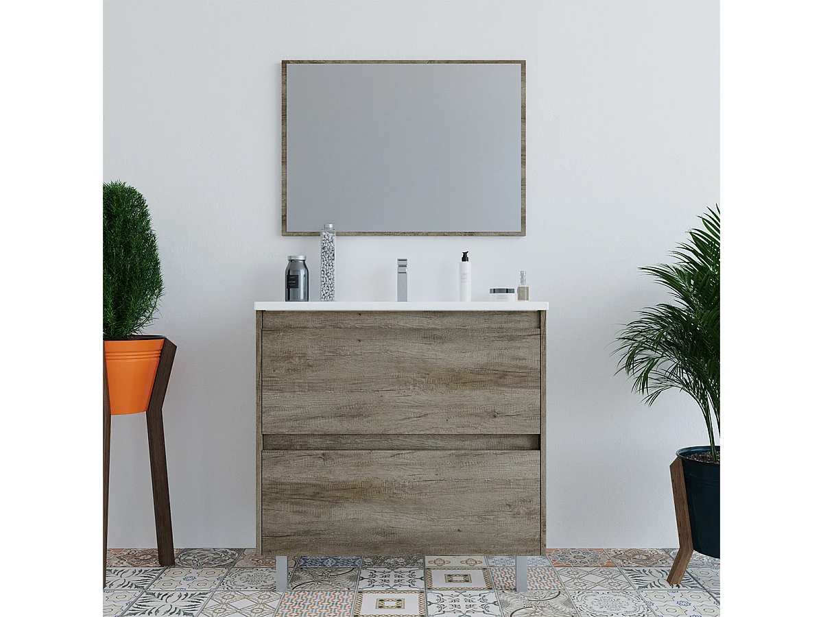 Mobile Bagno Moderno Da 80 Cm Con Lavabo in ceramica e Specchio - 305040h