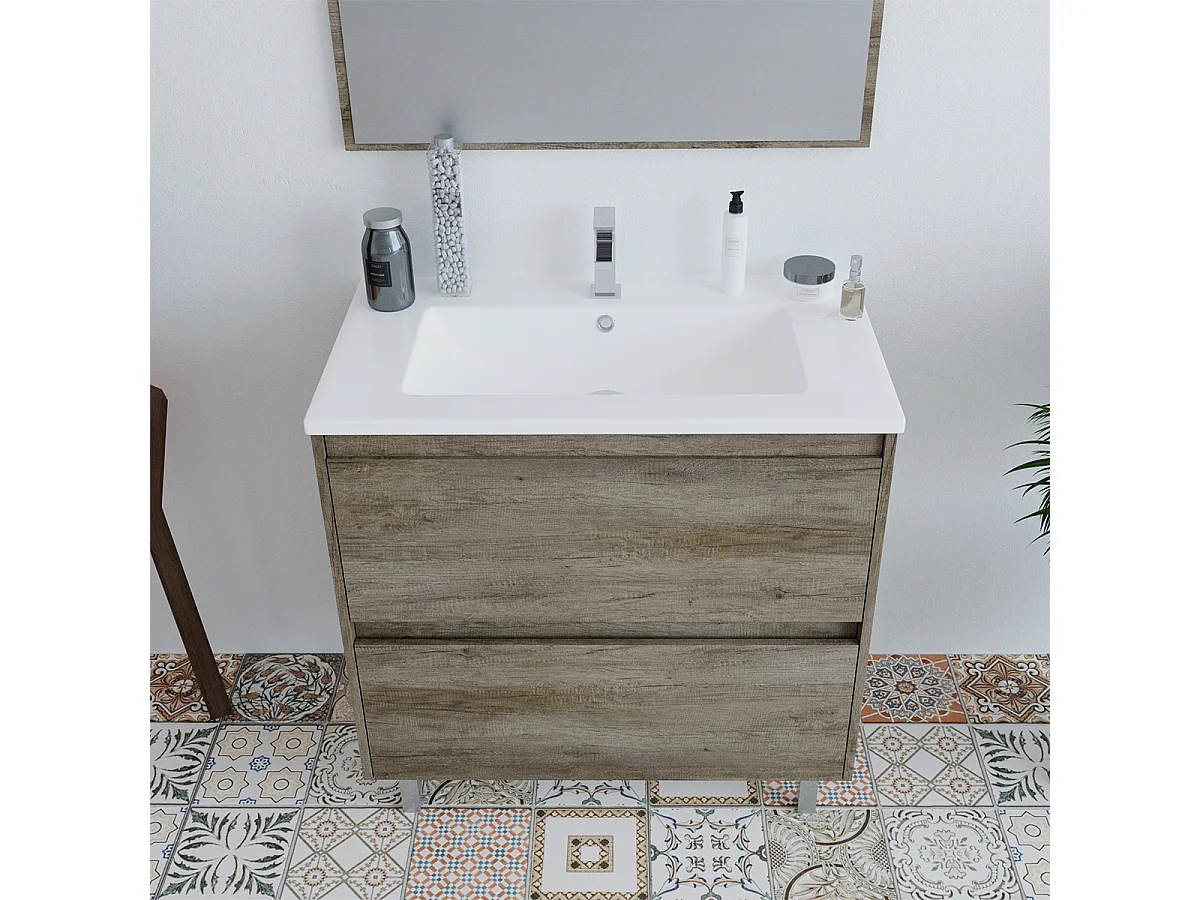 Mobile Bagno Moderno Da 80 Cm Con Lavabo in ceramica e Specchio - 305040h