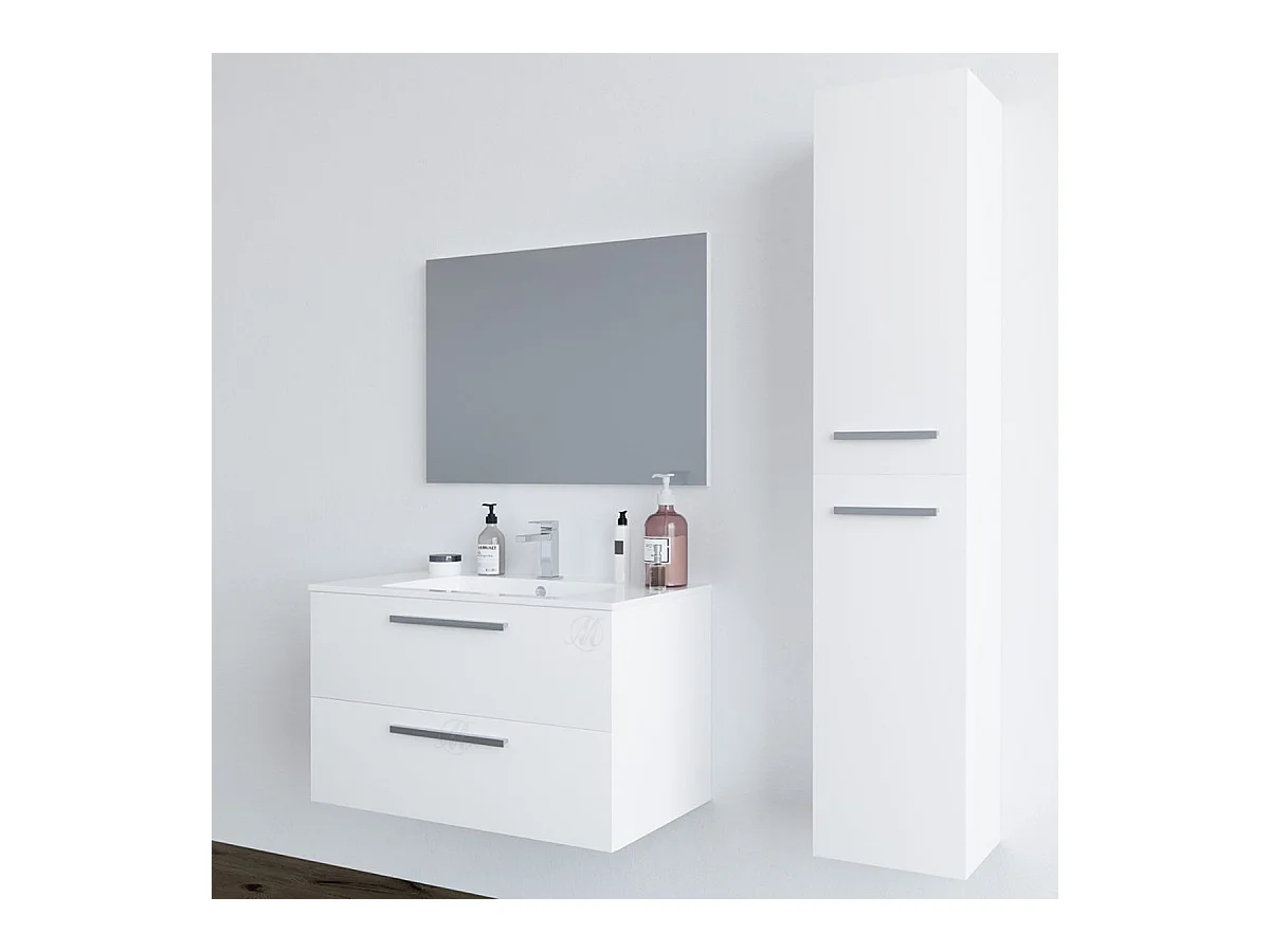 Mobile bagno sospeso Bianco da 80 cm con cassetti lavabo in ceramica, specchio e colonna Melissa 305161BO