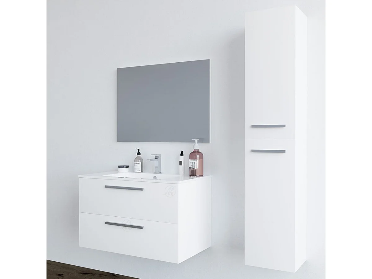 Mobile bagno sospeso Bianco da 80 cm con cassetti lavabo in ceramica, specchio e colonna Melissa 305161BO