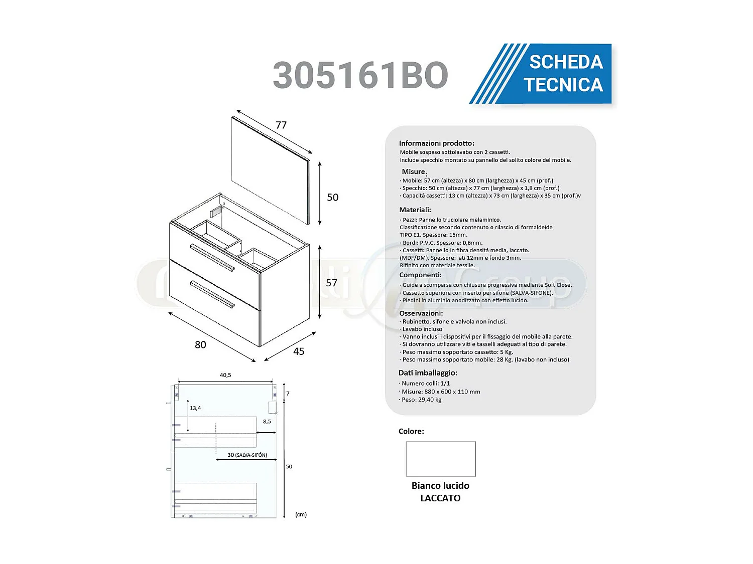 Mobile bagno sospeso Bianco da 80 cm con cassetti lavabo in ceramica, specchio e colonna Melissa 305161BO