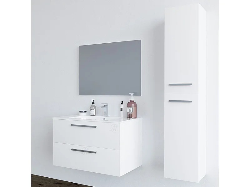 Mobile bagno sospeso Bianco da 80 cm con cassetti lavabo in ceramica, specchio e colonna Melissa 305161BO