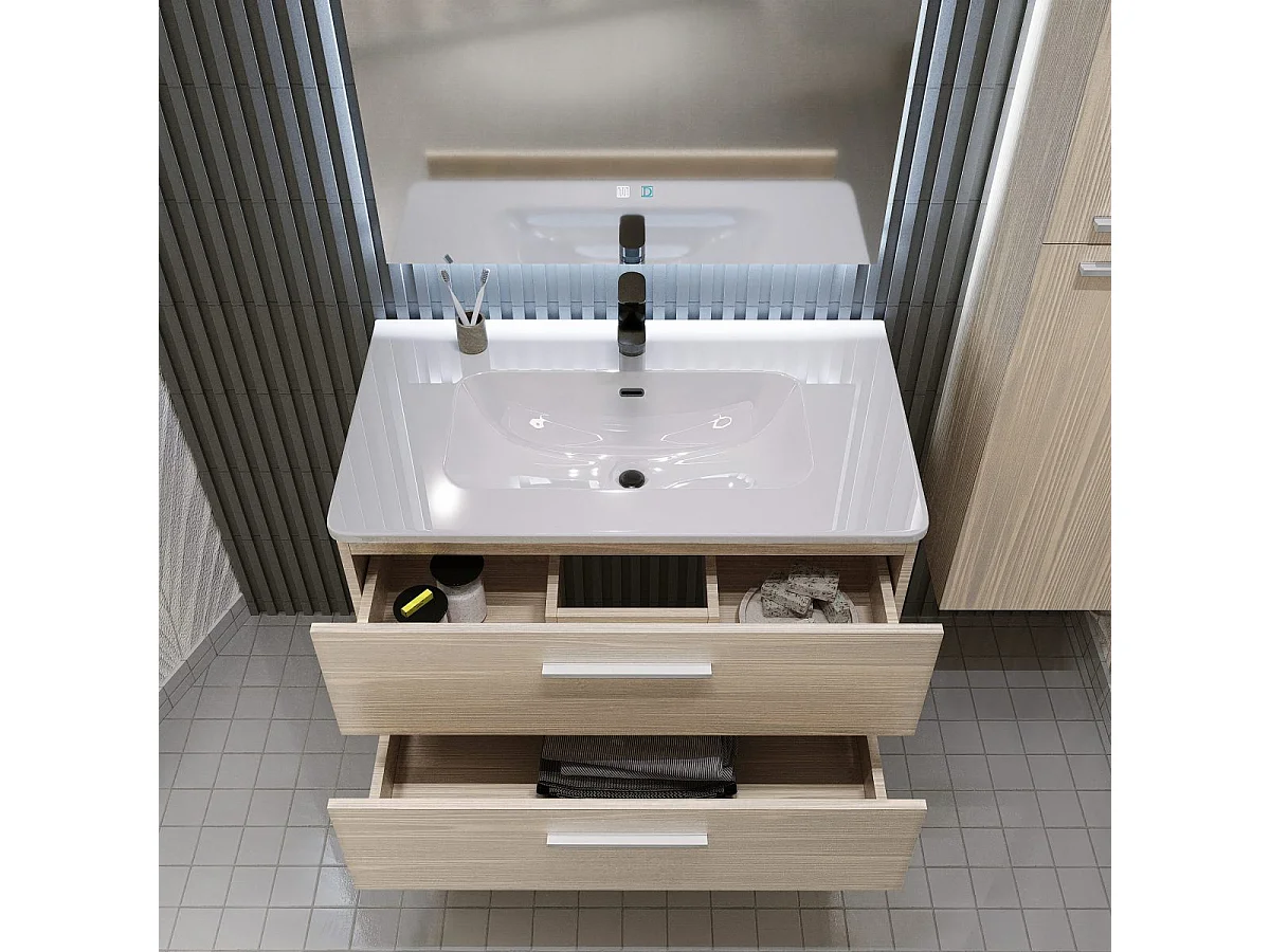 Mobile bagno sospeso da 100 cm Rovere Chiaro con lavabo in ceramica - Linda
