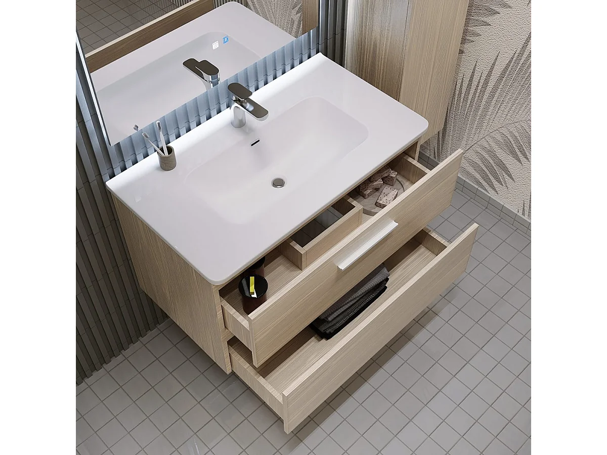 Mobile bagno sospeso da 100 cm Rovere Chiaro con lavabo in ceramica - Linda