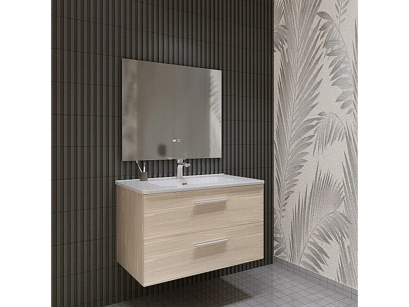 Mobile bagno sospeso da 100 cm Rovere Chiaro con lavabo in ceramica - Linda