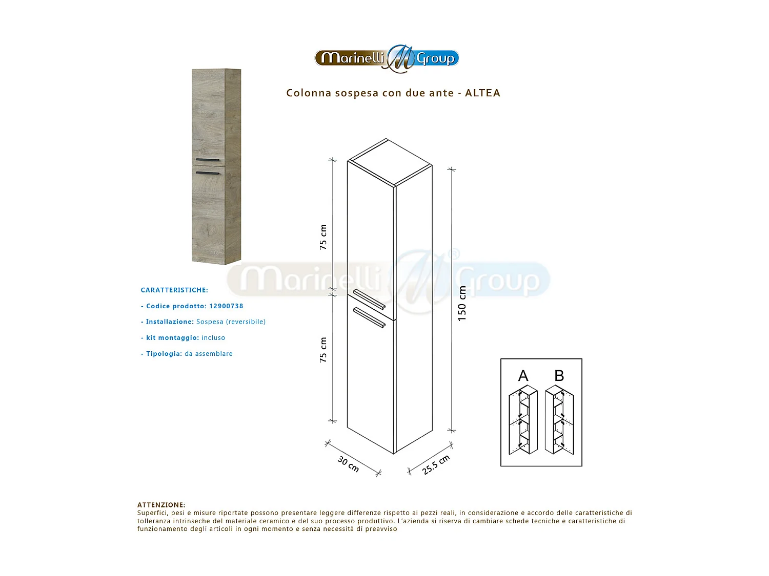Mobile Bagno 60 cm sospeso con lavabo in ceramica, specchio e colonna ROVERE Altea