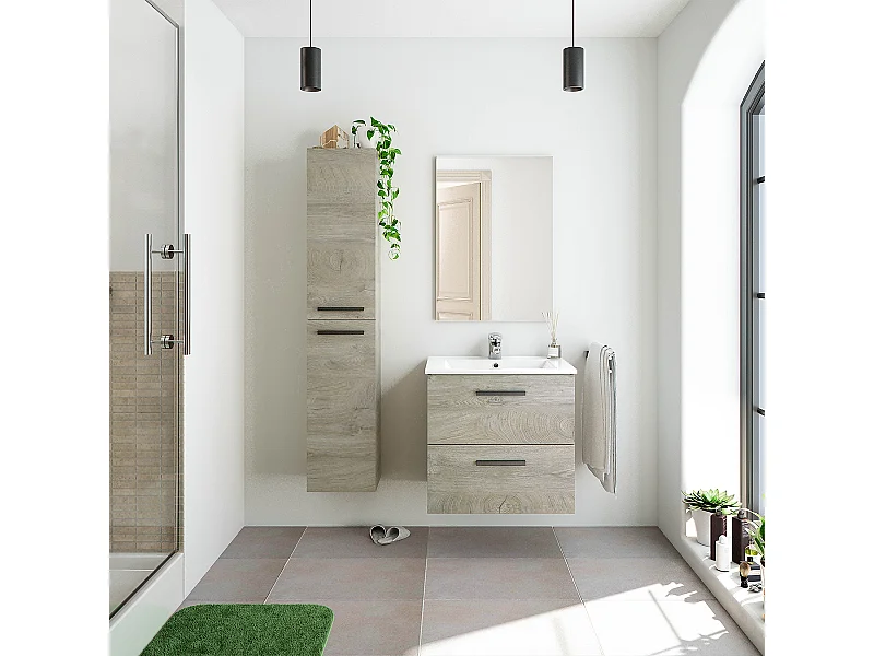 Mobile Bagno 60 cm sospeso con lavabo in ceramica, specchio e colonna ROVERE Altea