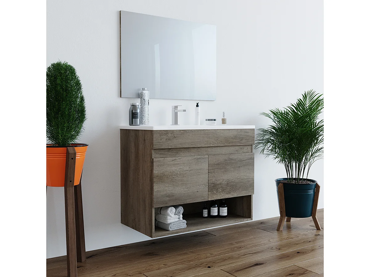 Mobile Bagno sospeso da 80 Cm con Lavabo in ceramica e Specchio - 305110H