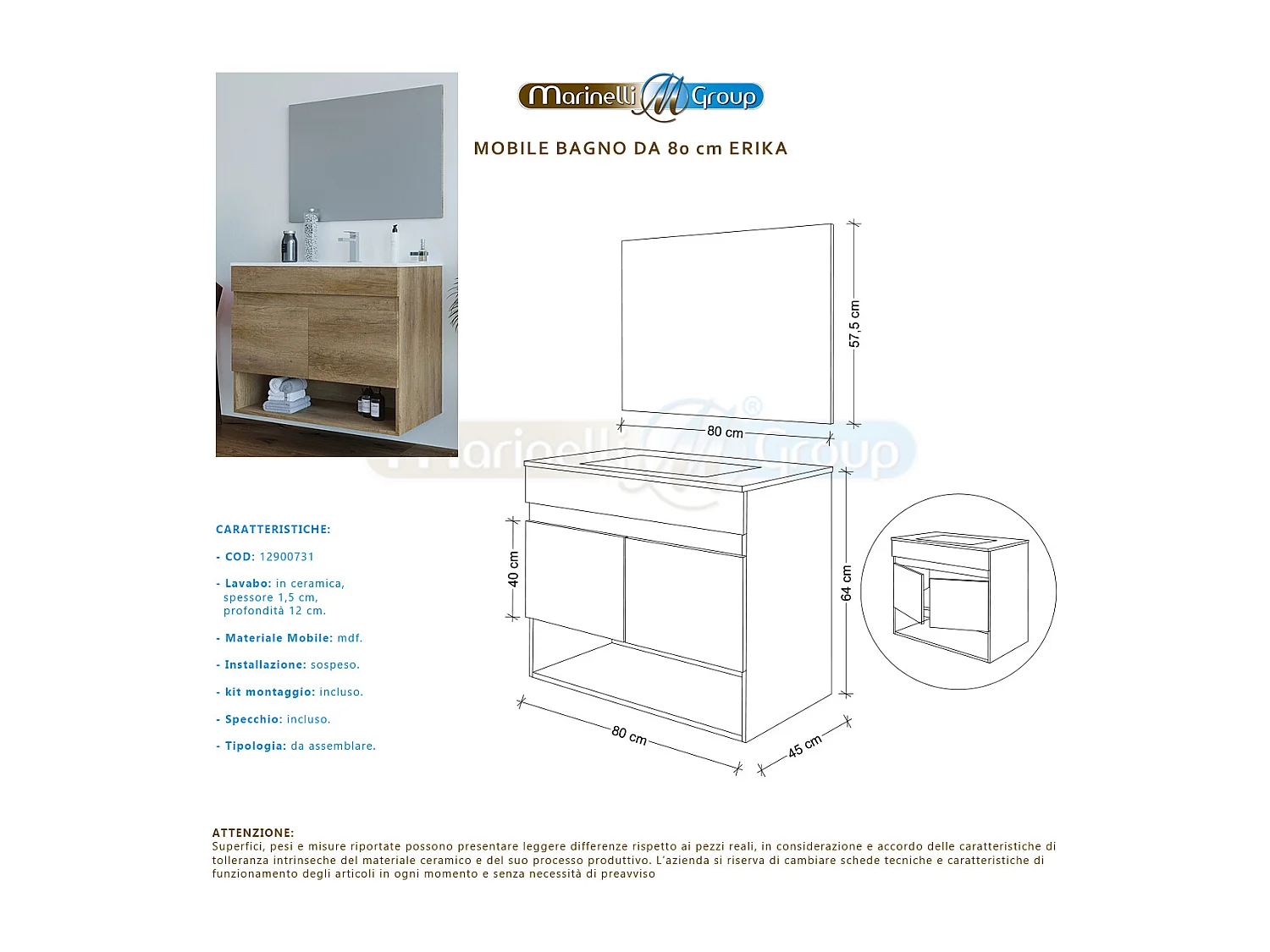 Mobile Bagno sospeso da 80 Cm con Lavabo in ceramica e Specchio - 305110H