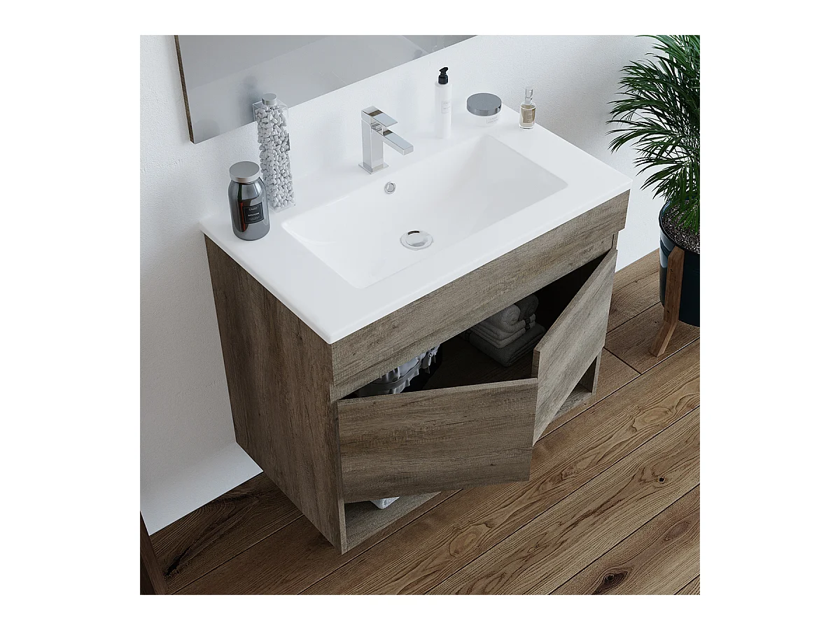Mobile Bagno sospeso da 80 Cm con Lavabo in ceramica e Specchio - 305110H