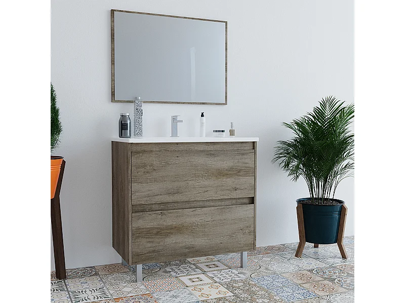 Mobile Bagno Moderno Da 80 Cm Con Lavabo in ceramica, colonna e Specchio - 305040h