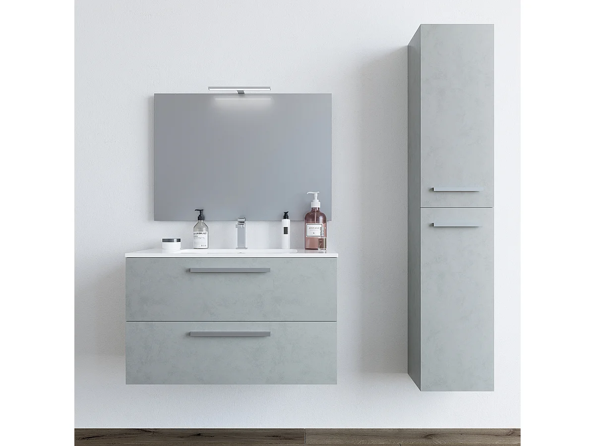 Mobile Bagno sospeso da 80 Cm con Lavabo in ceramica, specchio e colonna Grigio Cemento - 305160L