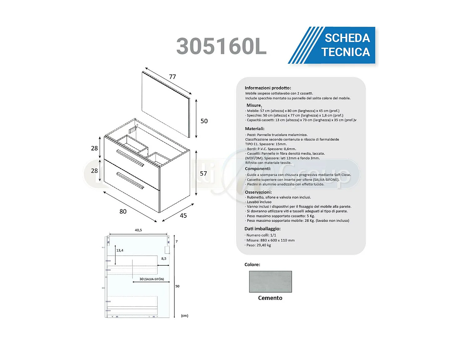 Mobile Bagno sospeso da 80 Cm con Lavabo in ceramica, specchio e colonna Grigio Cemento - 305160L