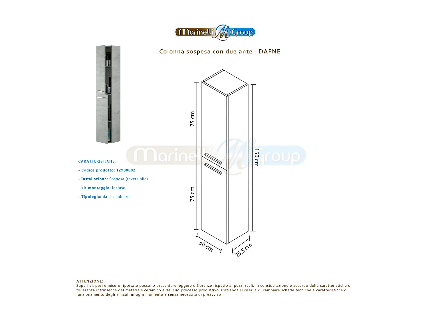 Mobile Bagno sospeso da 80 Cm con Lavabo in ceramica, specchio e colonna Grigio Cemento - 305160L