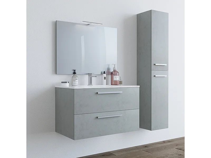 Mobile Bagno sospeso da 80 Cm con Lavabo in ceramica, specchio e colonna Grigio Cemento - 305160L