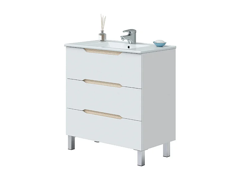 Mobile bagno 80 cm a terra lavabo ceramica 3 cassetti BIANCO LUCIDO 305023B