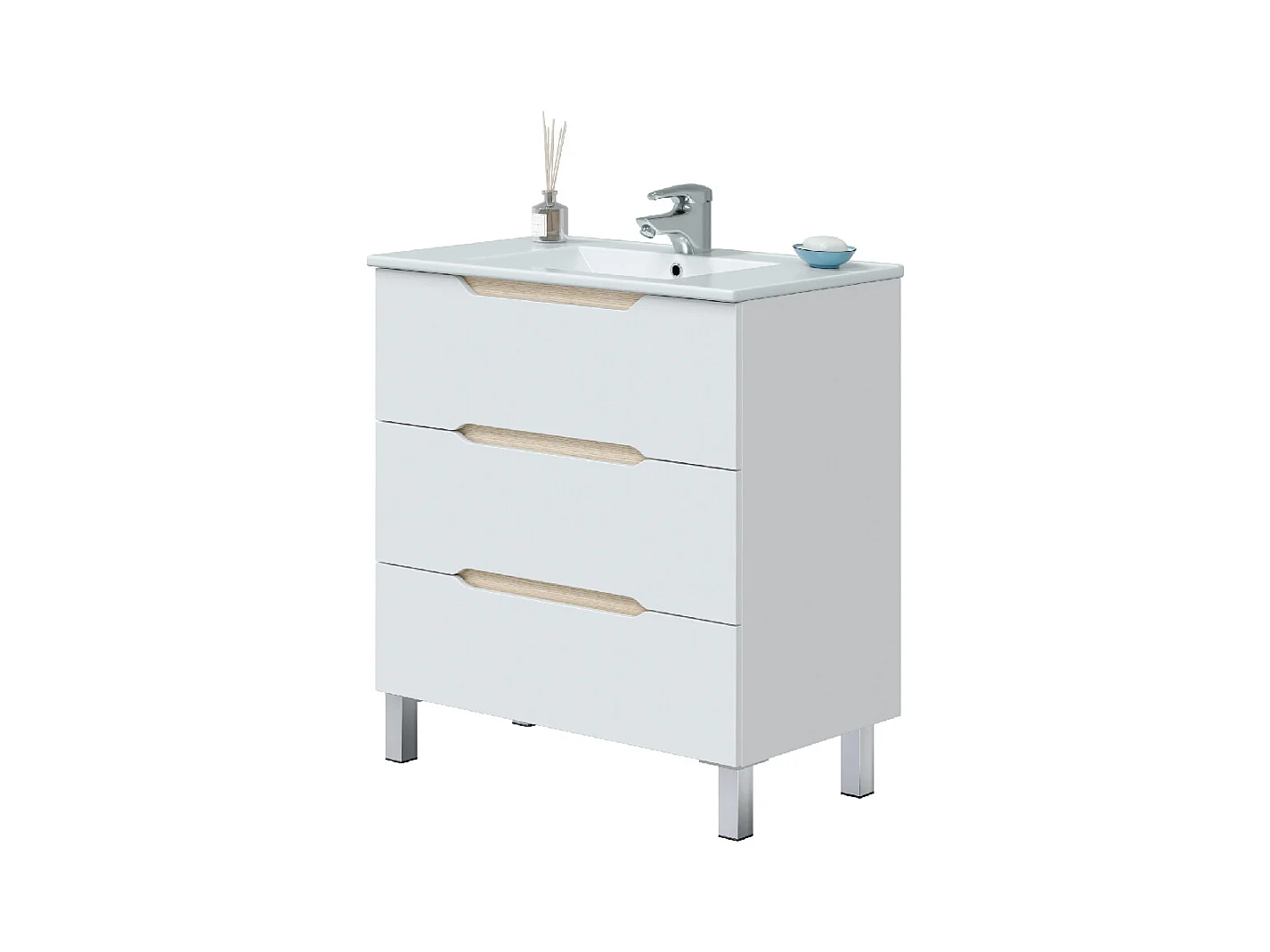 Mobile bagno 80 cm a terra lavabo ceramica 3 cassetti BIANCO LUCIDO 305023B
