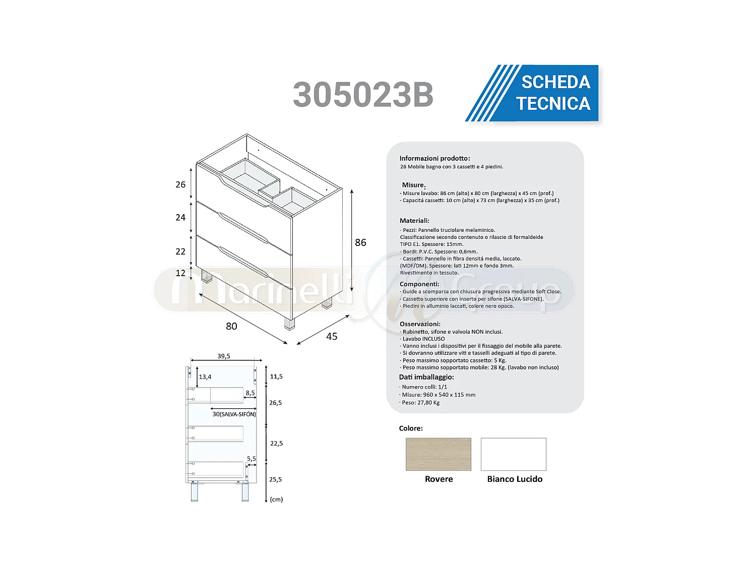 Mobile bagno 80 cm a terra lavabo ceramica 3 cassetti BIANCO LUCIDO 305023B