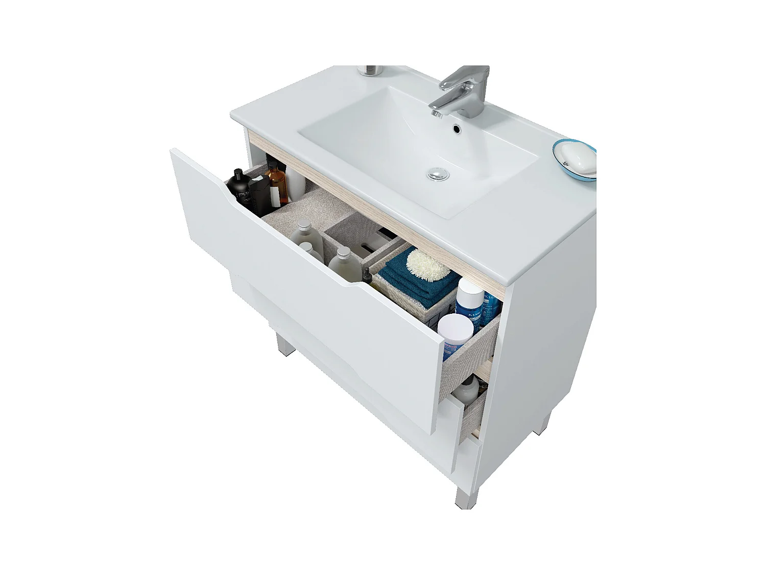 Mobile bagno 80 cm a terra lavabo ceramica 3 cassetti BIANCO LUCIDO 305023B