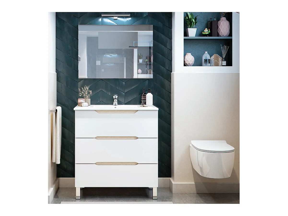 Mobile bagno 80 cm a terra lavabo ceramica 3 cassetti BIANCO LUCIDO 305023B