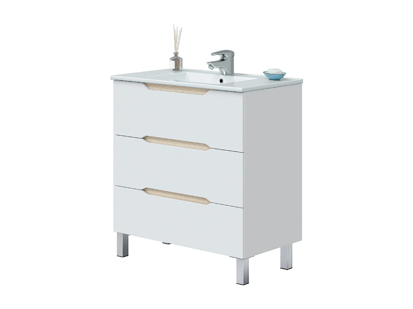 Mobile bagno 80 cm a terra lavabo ceramica 3 cassetti BIANCO LUCIDO 305023B