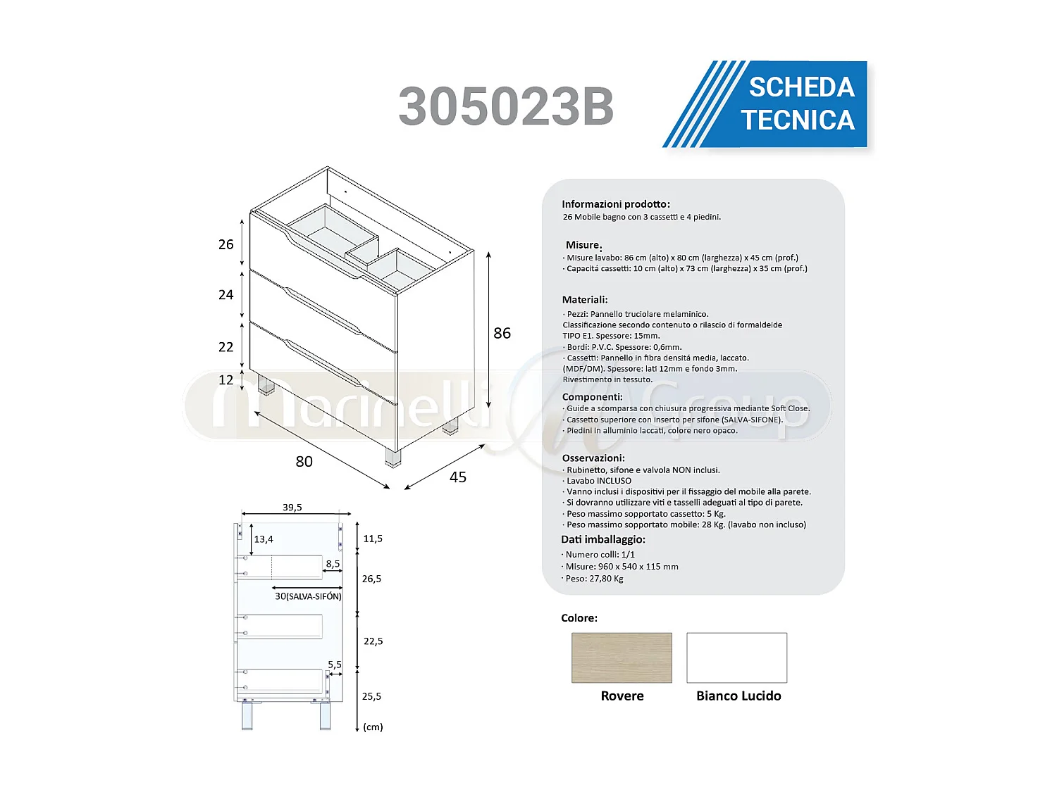 Mobile bagno 80 cm a terra lavabo ceramica 3 cassetti BIANCO LUCIDO 305023B