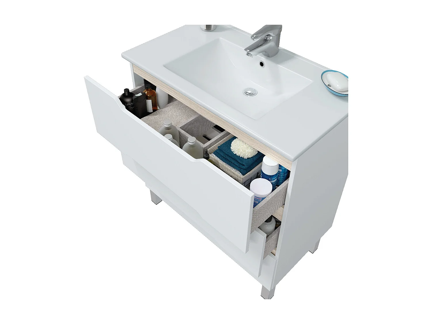 Mobile bagno 80 cm a terra lavabo ceramica 3 cassetti BIANCO LUCIDO 305023B