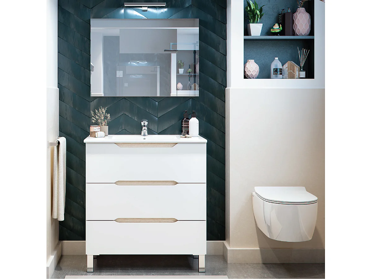 Mobile bagno 80 cm a terra lavabo ceramica 3 cassetti BIANCO LUCIDO 305023B