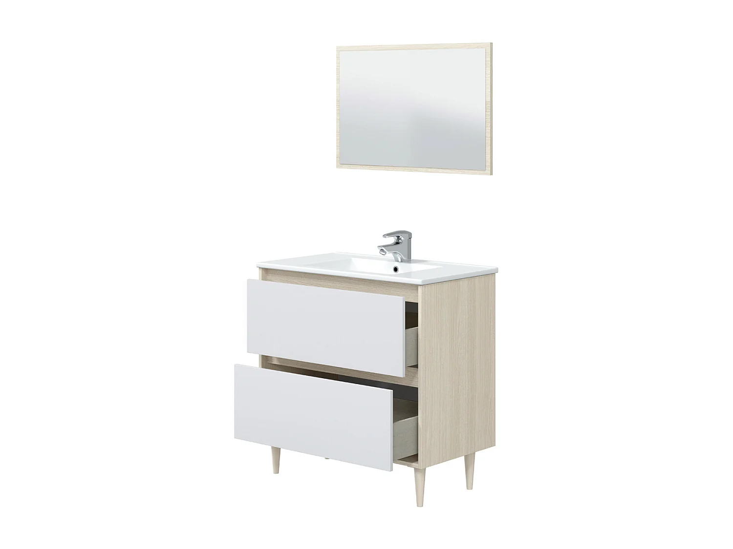 Mobile Bagno 80 cm A TERRA con lavabo in ceramica e specchio con cassetti ROVERE Verona 305086R