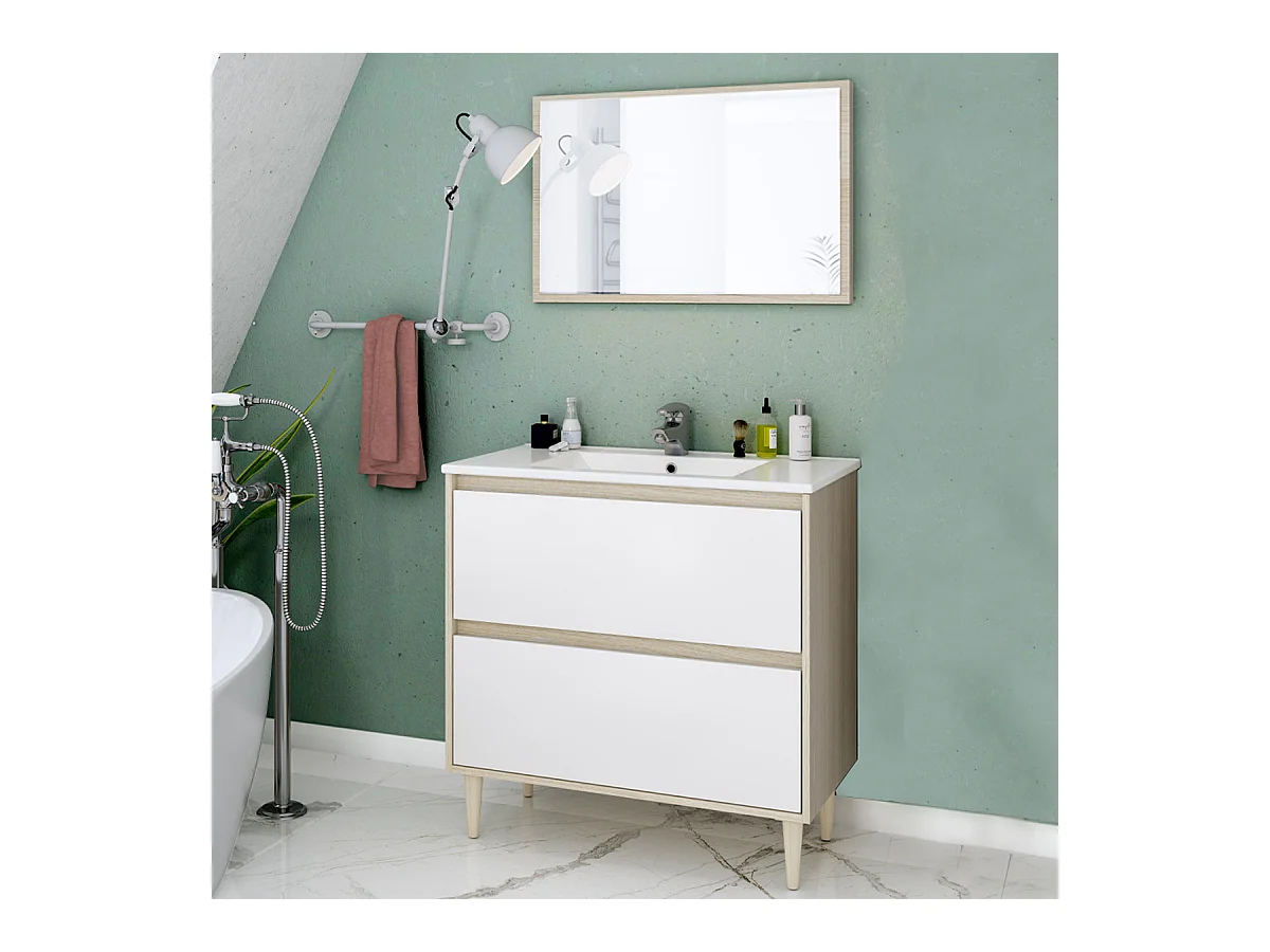 Mobile Bagno 80 cm A TERRA con lavabo in ceramica e specchio con cassetti ROVERE Verona 305086R