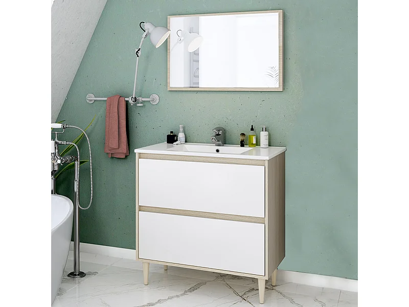Mobile Bagno 80 cm A TERRA con lavabo in ceramica e specchio con cassetti ROVERE Verona 305086R