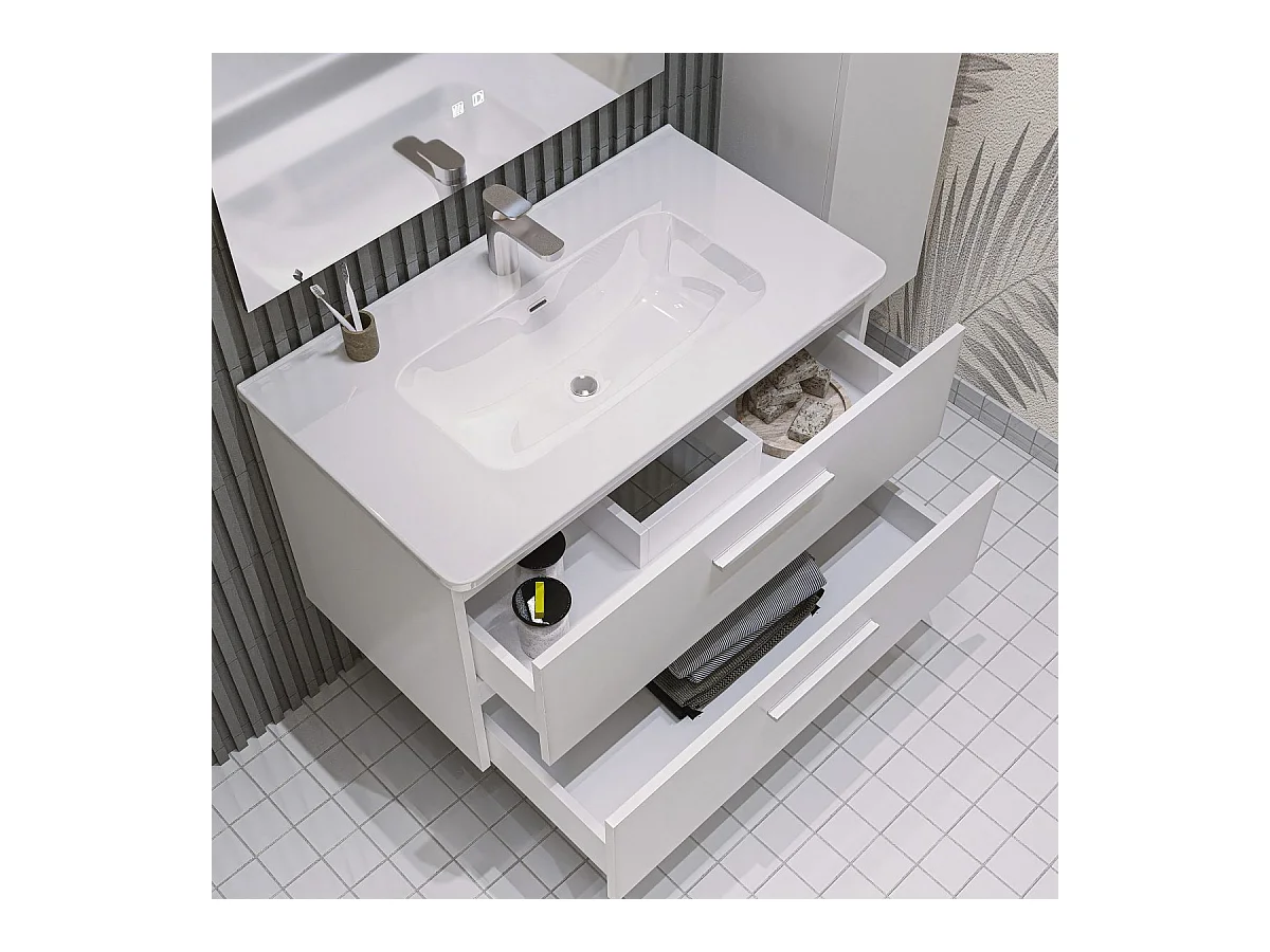 Mobile bagno sospeso da 100 cm Bianco con lavabo in ceramica - Linda
