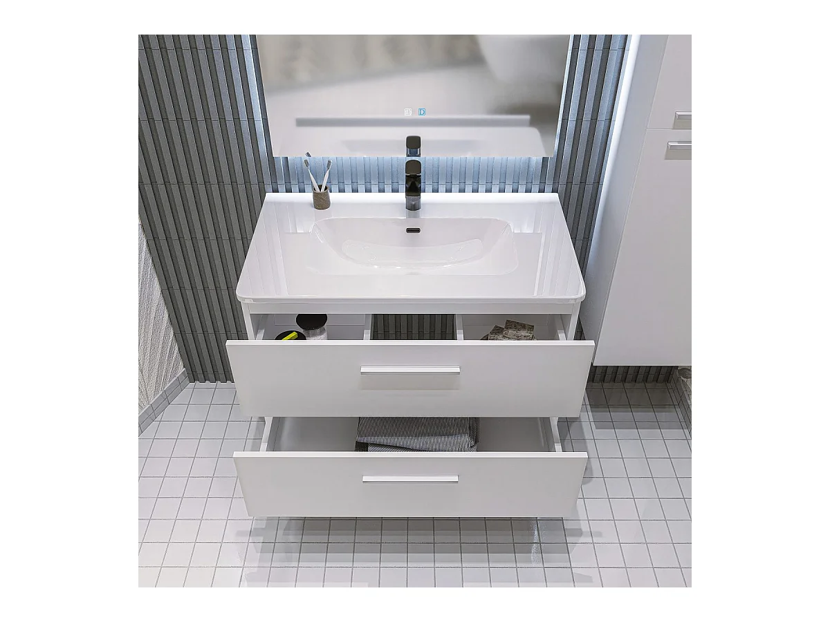Mobile bagno sospeso da 100 cm Bianco con lavabo in ceramica - Linda
