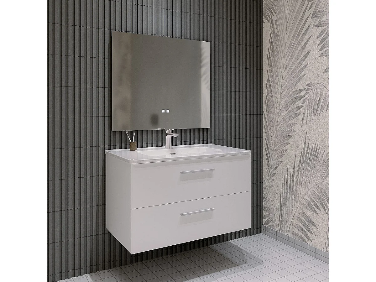Mobile bagno sospeso da 100 cm Bianco con lavabo in ceramica - Linda