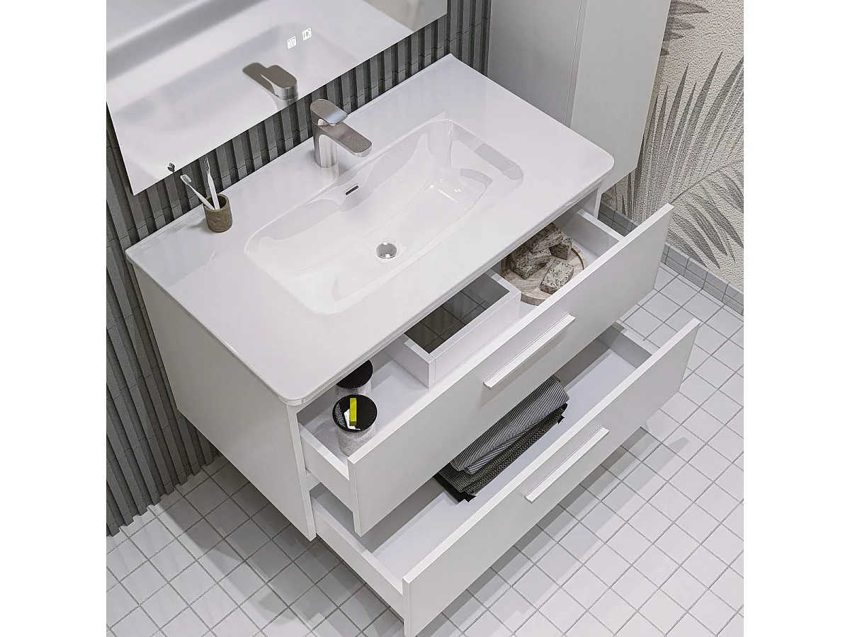 Mobile bagno sospeso da 100 cm Bianco con lavabo in ceramica - Linda