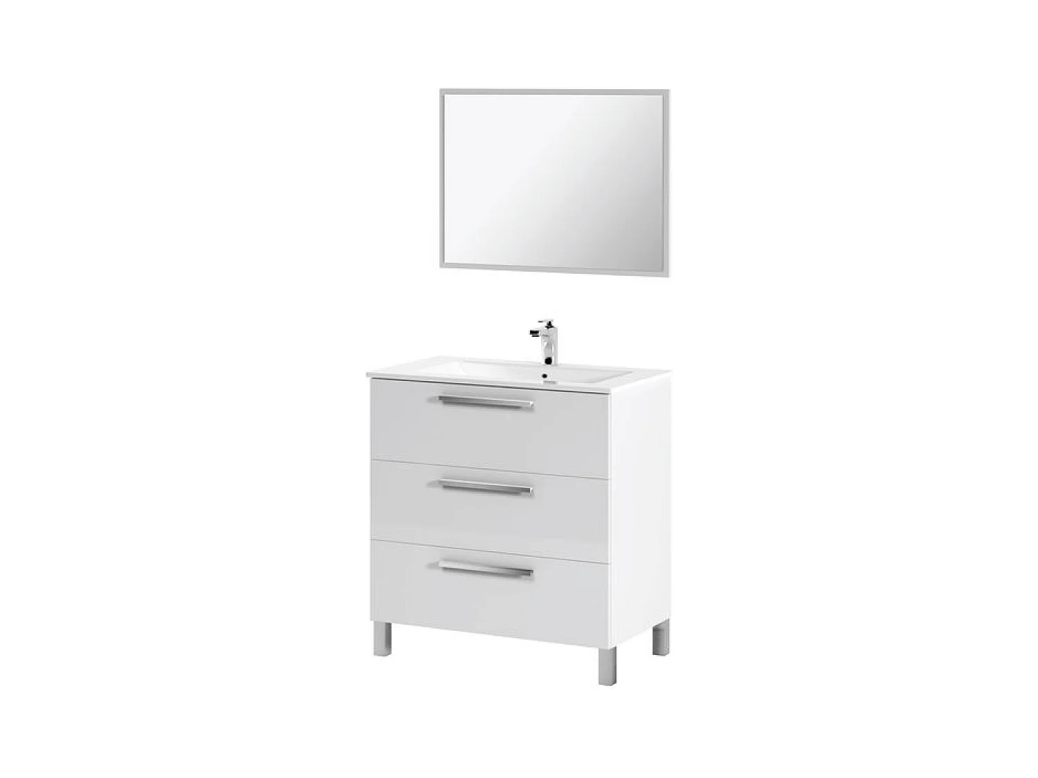 Mobile bagno 80 cm a terra lavabo ceramica 3 cassetti bianco lucido 305423BO