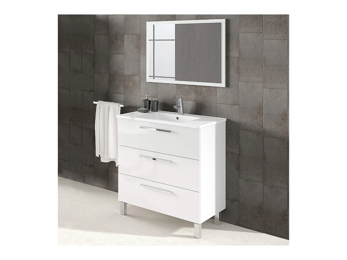 Mobile bagno 80 cm a terra lavabo ceramica 3 cassetti bianco lucido 305423BO