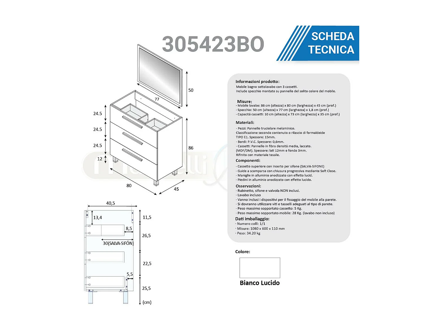 Mobile bagno 80 cm a terra lavabo ceramica 3 cassetti bianco lucido 305423BO