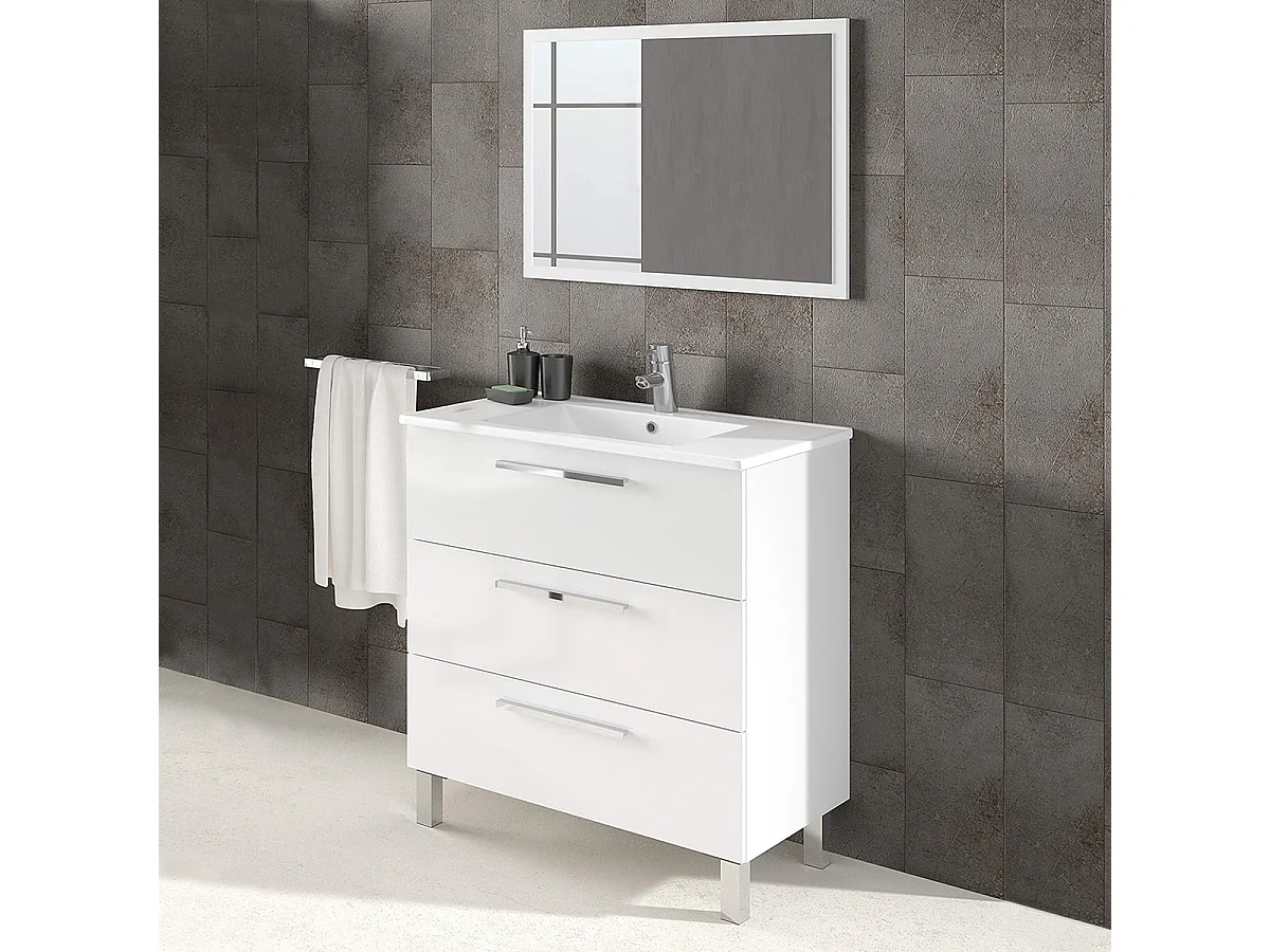 Mobile bagno 80 cm a terra lavabo ceramica 3 cassetti bianco lucido 305423BO