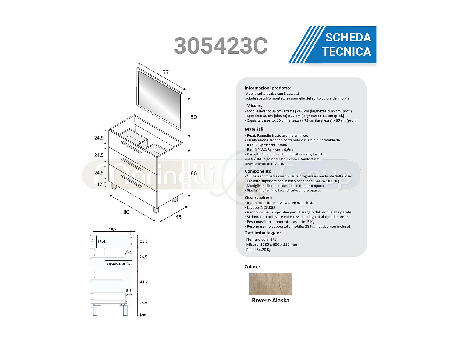 Mobile bagno a terra da 80 cm 3 cassetti rovere alaska 305423C
