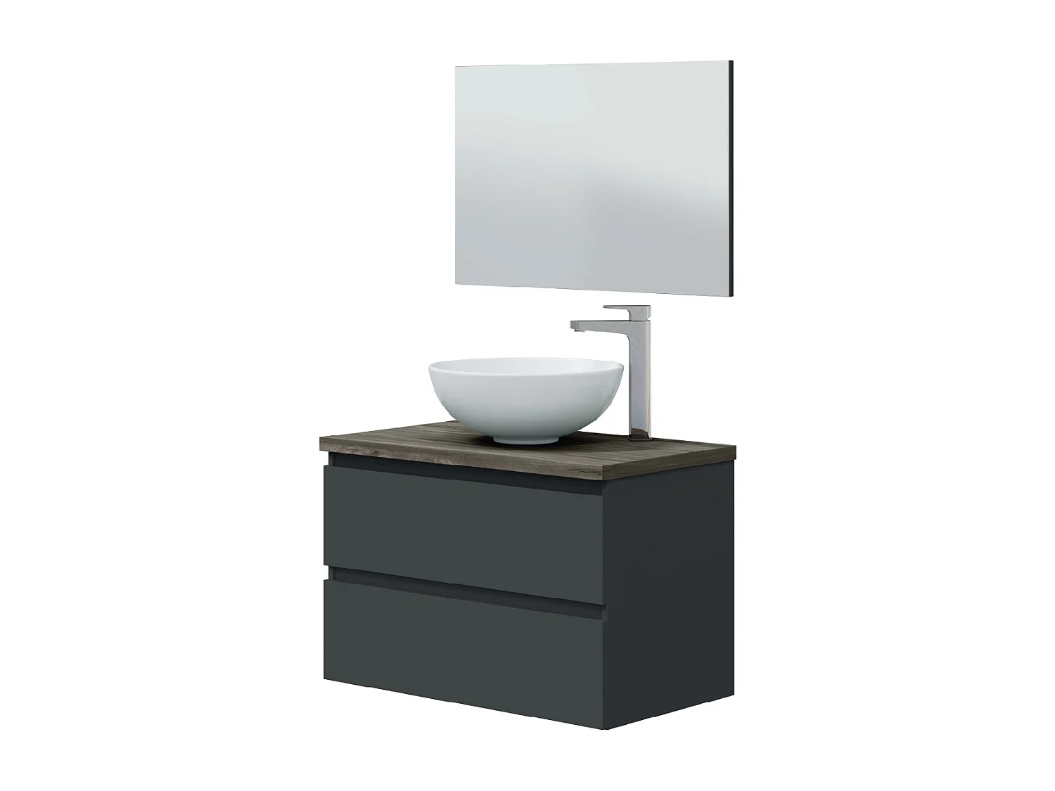 Mobile bagno 80 cm sospeso con lavabo da appoggio bacinella ceramica 2 cassetti GRIGIO ANTRACITE + OLMO 305734Z