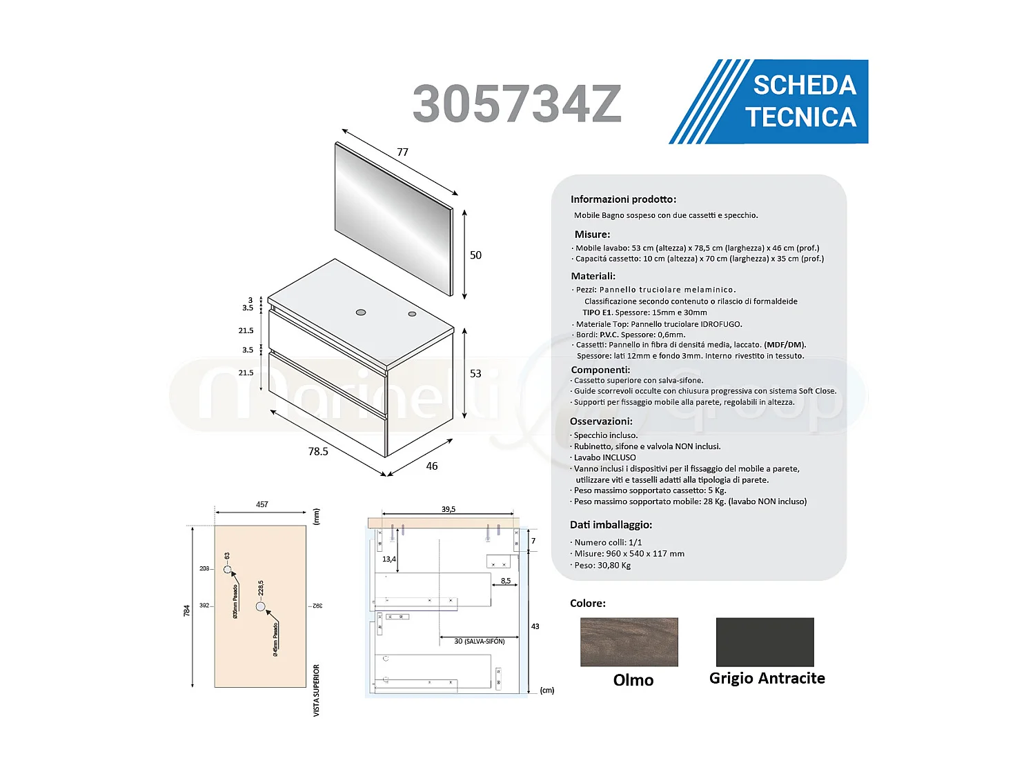 Mobile bagno 80 cm sospeso con lavabo da appoggio bacinella ceramica 2 cassetti GRIGIO ANTRACITE + OLMO 305734Z